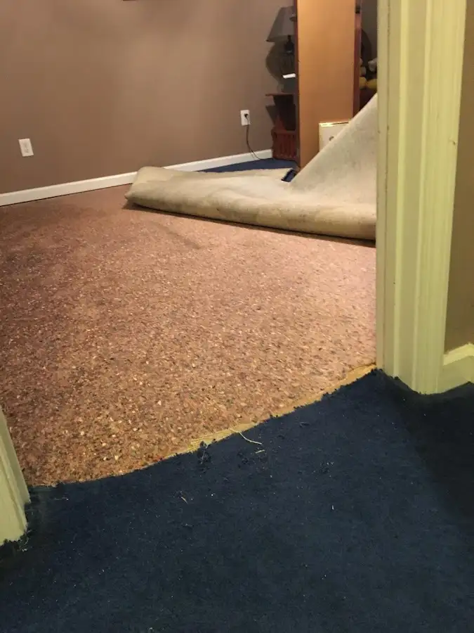 Carpet pad removal revealing water damage during Drying & Dehumidification in Five Corners